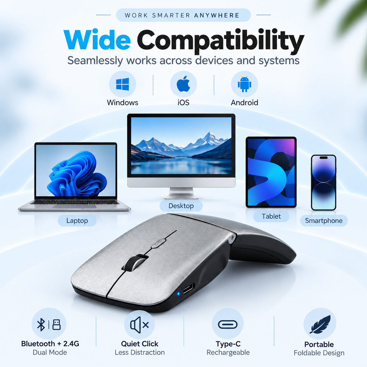 G-OUSSVE Ultra-Thin Foldable Dual-Mode Wireless Mouse, Bluetooth & 2.4G Rechargeable Portable Mouse