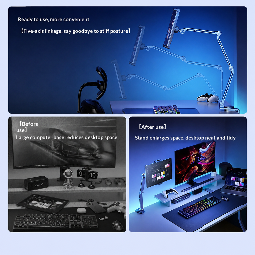 G-OUSSVE Tablet Stand for iPad, Adjustable Aluminum Phone Holder with Magnetic Head & Plastic Clamp, 360° Rotation Bed Mount Compatible with 4-13" Devices