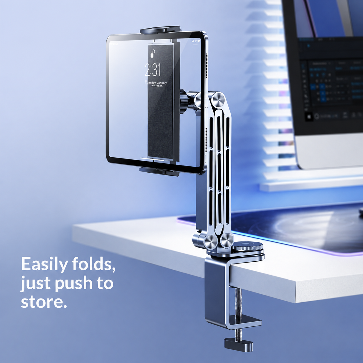 G-OUSSVE Tablet Stand for iPad, Adjustable Aluminum Phone Holder with Magnetic Head & Plastic Clamp, 360° Rotation Bed Mount Compatible with 4-13" Devices
