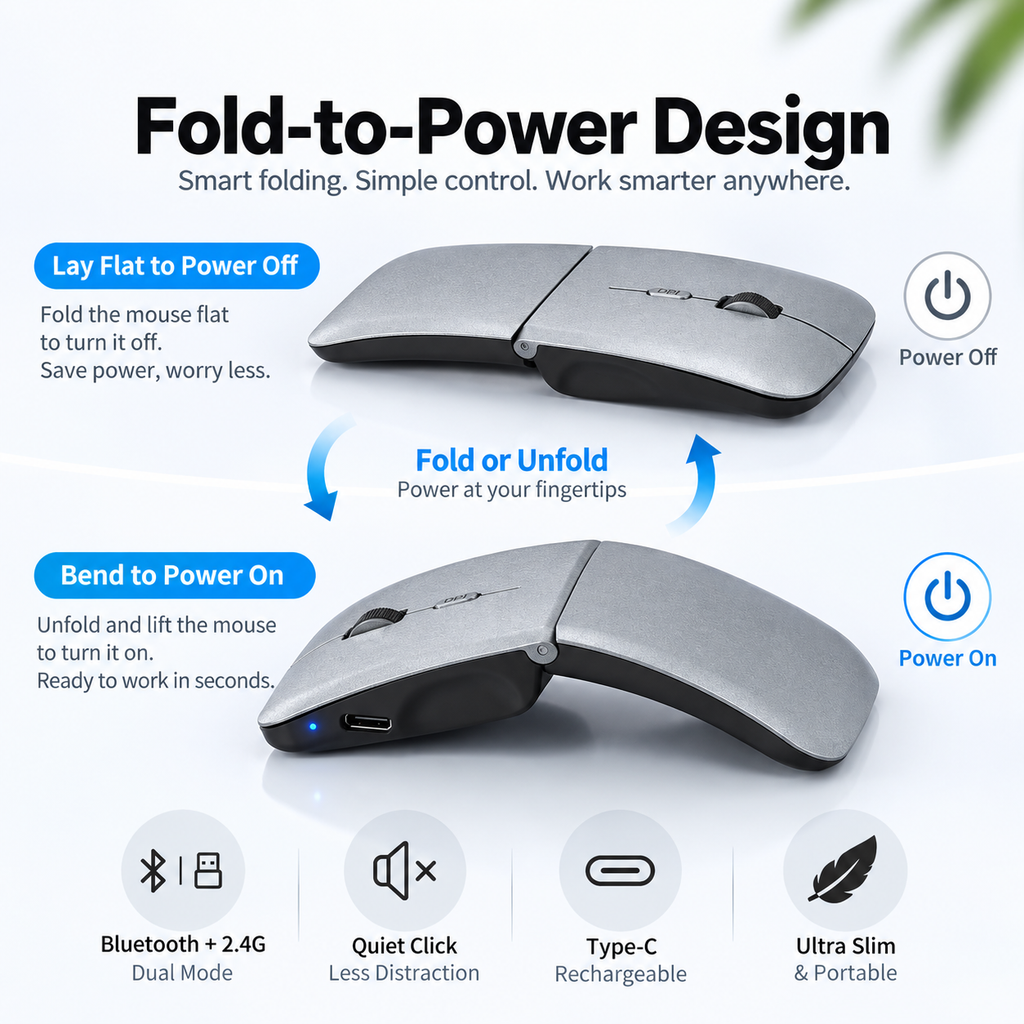 G-OUSSVE Ultra-Thin Foldable Dual-Mode Wireless Mouse, Bluetooth & 2.4G Rechargeable Portable Mouse