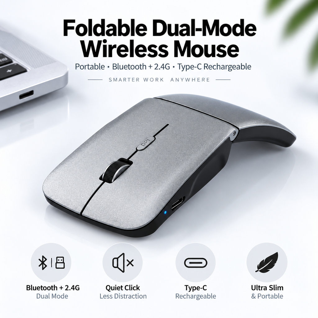 G-OUSSVE Ultra-Thin Foldable Dual-Mode Wireless Mouse, Bluetooth & 2.4G Rechargeable Portable Mouse
