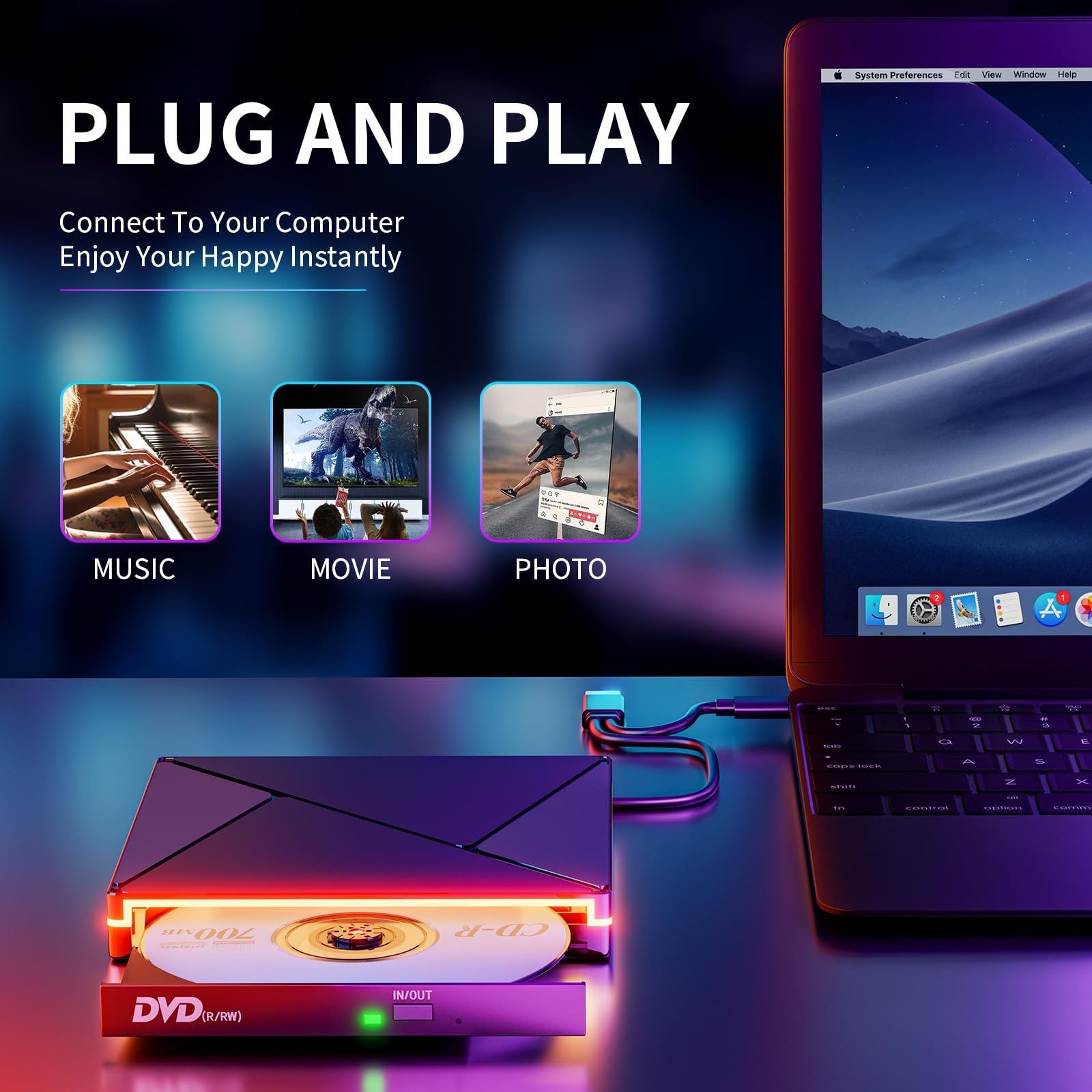 External Laptop DVD Player USB C 3.0 Portable CD Burner - Compatible with Mac, Windows 11/10/8/7, Ideal for Bringing Back Memories,Christmas gift