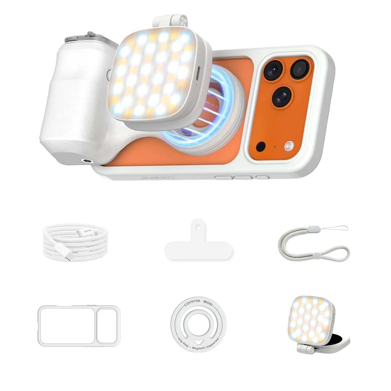 Magnetic Handheld Grip Phone Stand Camera Assistant with LED Fill Light, Magnetic Ring and Phone Case, Compatible with iOS 26/iOS 18/iOS 17, Ergonomic Grip, One-Tap Camera, Rechargeable Remote, Ideal for Photography Enthusiasts