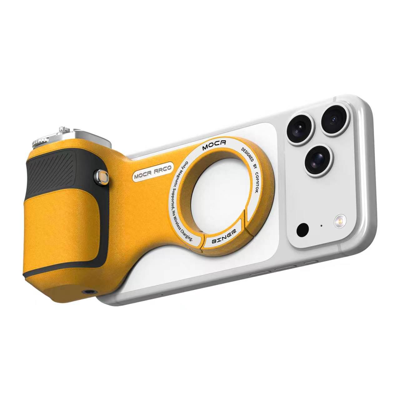 G-OUSSVE Camera Grip for iPhone, Carabiner-Shaped Grip, MagSafe-Compatible Magnetic Phone Grip with Detachable Bluetooth Remote, Type-C Charging, 20m Remote Range