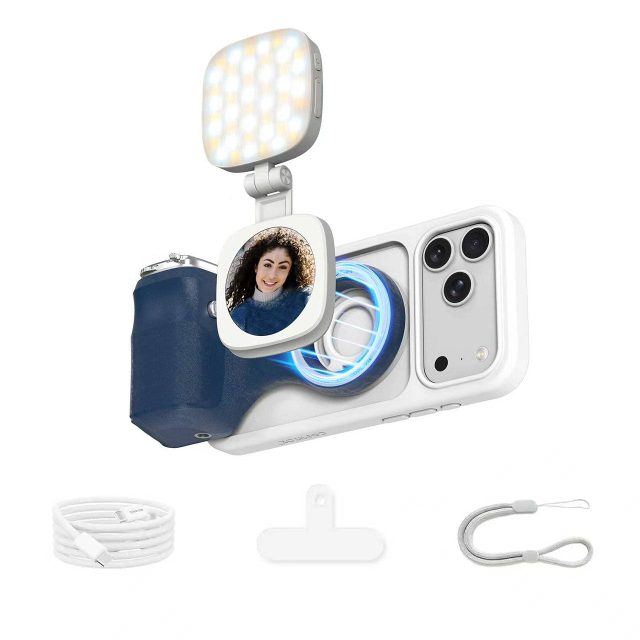 G-OUSSVE Magnetic Handheld Grip Phone Stand Camera Assistant with LED Fill Light, Magnetic Ring and Phone Case, Compatible with iOS 26/iOS 18/iOS 17, Ergonomic Grip, One-Tap Camera, Rechargeable Remote, Ideal for Photography Enthusiasts