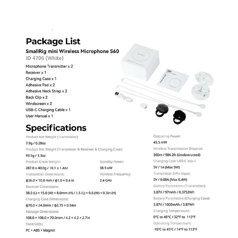 SmallRig S60 USB-C Wireless Mic,Magnetic Clip Pro Kit for iPhone 15/16 Pro & Android,44H Studio Sound with Noise Cancelling, Crystal Clear Audio,Compact,Lightweight Design Lavalier Microphone for Vlog, Live Streaming, Content Creation 4706/4934