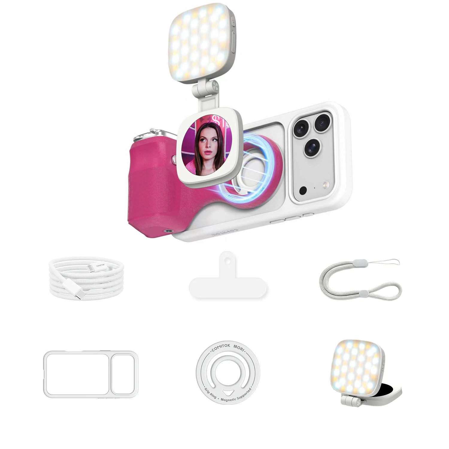 G-OUSSVE Magnetic Handheld Grip Phone Stand Camera Assistant with LED Fill Light, Magnetic Ring and Phone Case, Compatible with iOS 26/iOS 18/iOS 17, Ergonomic Grip, One-Tap Camera, Rechargeable Remote, Ideal for Photography Enthusiasts