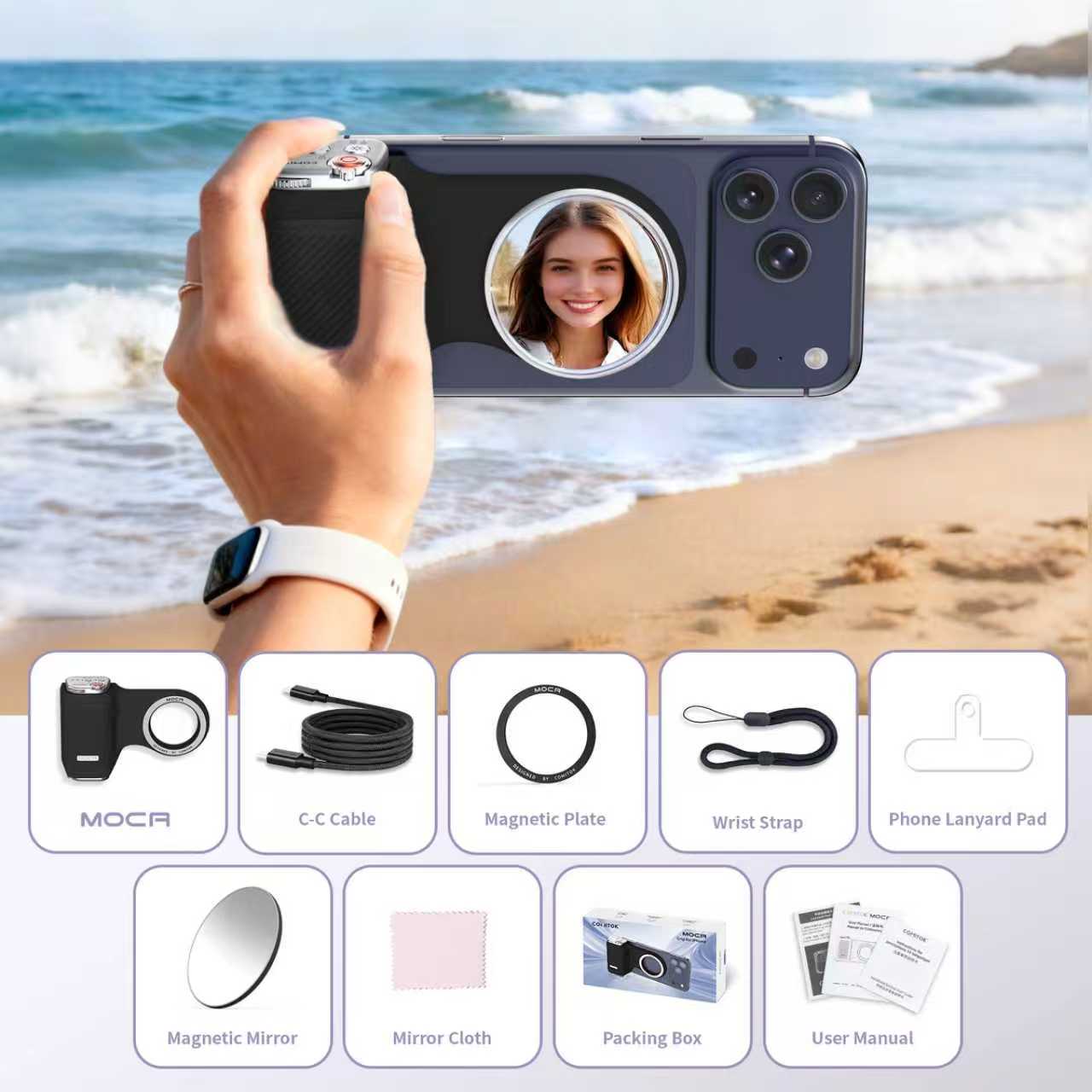 GIVBRO Magnetic Handheld Grip Phone Stand Camera Assistant with Mirror and LED Fill Light 2-in-1, Compatible with iOS 26/iOS 18, Ergonomic Grip, One-Tap Camera, Rechargeable Remote, Ideal for Thanksgiving & Christmas Gift for Photography Enthusiasts
