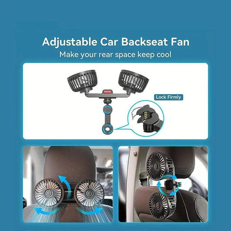GIVBRO Adjustable Car Backseat Fan, 1 Count Summer Essential Double-head Electric Fan with Seat Clip, Strong Wind Rear Seat Back 360 Degrees Rotation Large Air Volume Fan, Men Gifts