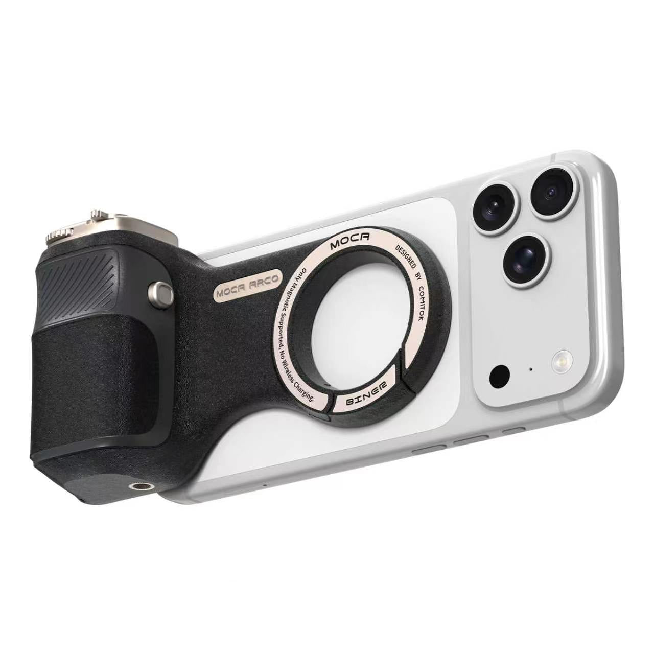 G-OUSSVE Camera Grip for iPhone, Carabiner-Shaped Grip, MagSafe-Compatible Magnetic Phone Grip with Detachable Bluetooth Remote, Type-C Charging, 20m Remote Range