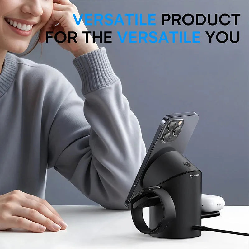 Cylindrical 3in1 Magnetic Wireless Charging Station : All-in-One Charger for iPhone 16 Pro 15 14 13 Max/PIus, Samsung S24/S24/S22/S21,Pixel, Apple Watch & Smart Watch,AirPods & Earbuds, 15W Qi2 Fast Charging