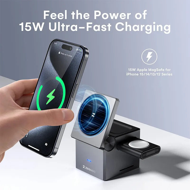 G-OUSSVE 3 in1 Wireless Charger MagCube, 15w Fast Charging for iPhone 15 Pro 14 13 12 Max/Mini/Plus,for Apple Watch9 8 7 6 5 4 3 2 SE, for AirPods Pro 3 2, Compact & Portable Wireless Charging Station, Fits with Qi2 Wireless Charging Smartphone & Earbu