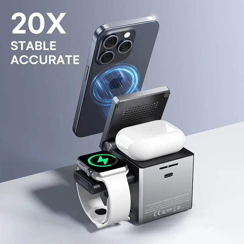 G-OUSSVE 3 in1 Wireless Charger MagCube, 15w Fast Charging for iPhone 15 Pro 14 13 12 Max/Mini/Plus,for Apple Watch9 8 7 6 5 4 3 2 SE, for AirPods Pro 3 2, Compact & Portable Wireless Charging Station, Fits with Qi2 Wireless Charging Smartphone & Earbu