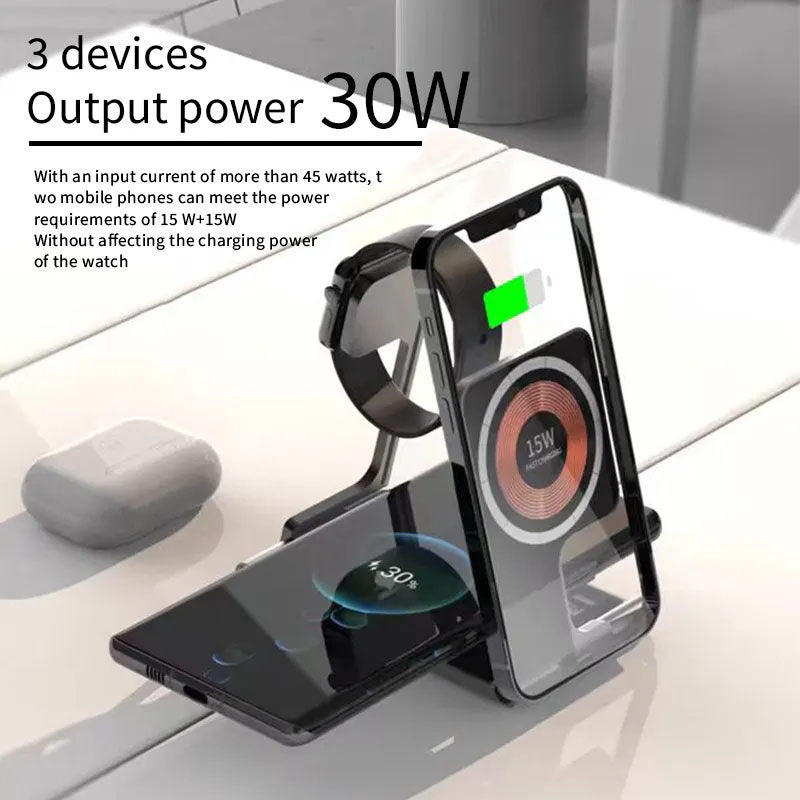 GIVBRO Wireless Charging Station Charger Stand - 3 in 1 Multiple Foldable MagSafeQi Fast Charge Pads for Apple Watch AirPods iPhone Samsung Galaxy Phones Cable Devices Smartphone Cellphone Electronic Mobile