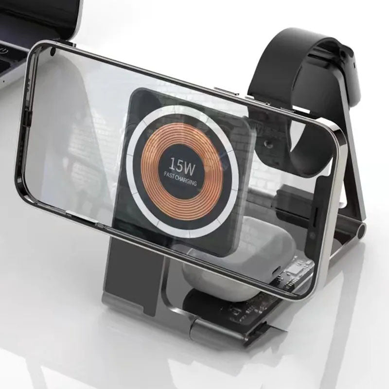 GIVBRO Wireless Charging Station Charger Stand - 3 in 1 Multiple Foldable MagSafeQi Fast Charge Pads for Apple Watch AirPods iPhone Samsung Galaxy Phones Cable Devices Smartphone Cellphone Electronic Mobile
