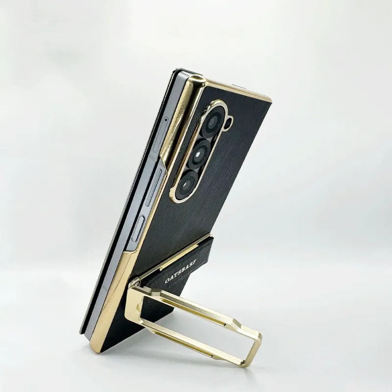 Dual-strap leather phone case for Samsung Z Fold6, featuring a 360° rotating kickstand for versatile viewing and secure grip. Stylish and functional protection for your foldable device.