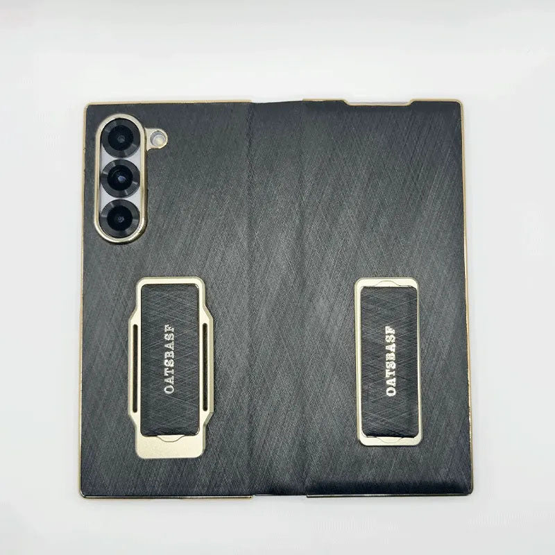 Dual-strap leather phone case for Samsung Z Fold6, featuring a 360° rotating kickstand for versatile viewing and secure grip. Stylish and functional protection for your foldable device.