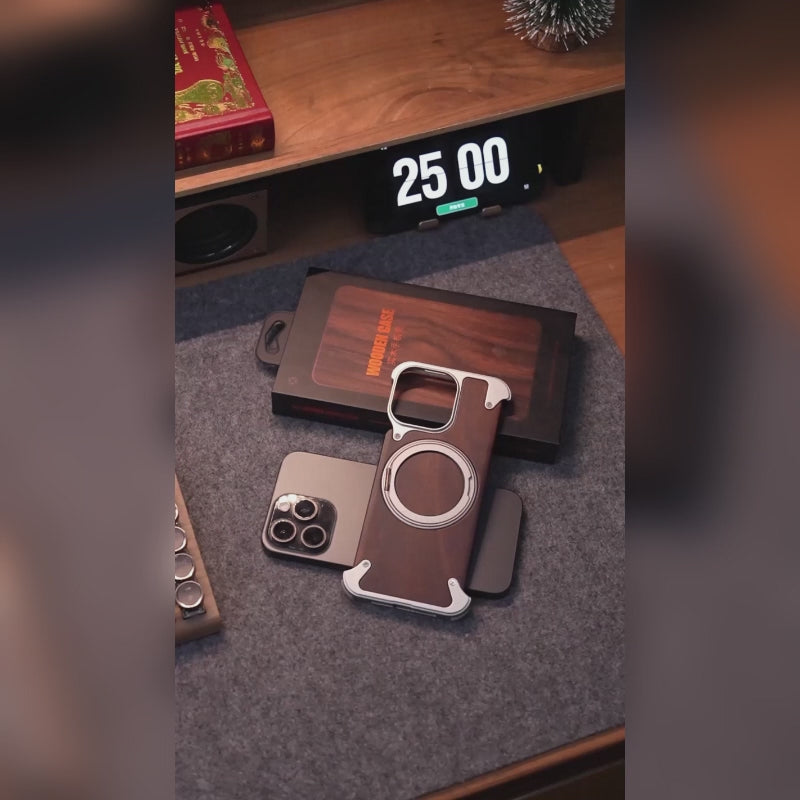 Walnut solid wood iphone case, frameless half-covered metal wood new design, ultra-thin case with heat sink, magnetic stand drop protection cover