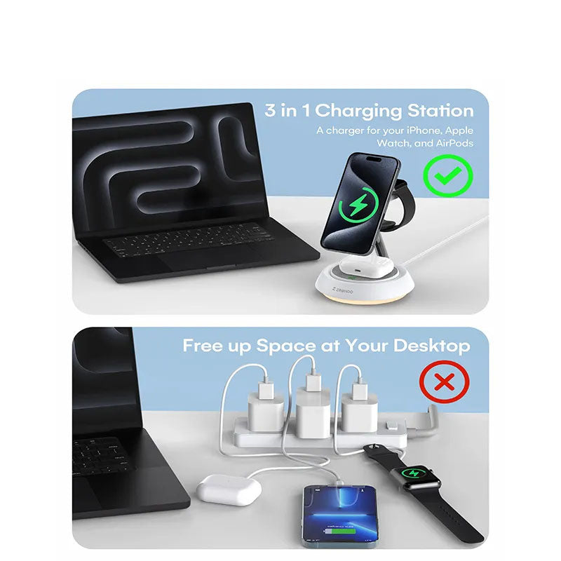 G-OUSSVE 3 in 1 Wireless Charging Station, Wireless Charger Stand with Night Light, Fast Charging for iPhone 15 Pro 14 13 12 Max/Mini/Plus, for Apple Watch & AirPods &Earbuds,Portable Wireless Charger for Apple Series,Cellphone & Smartphpne Charger