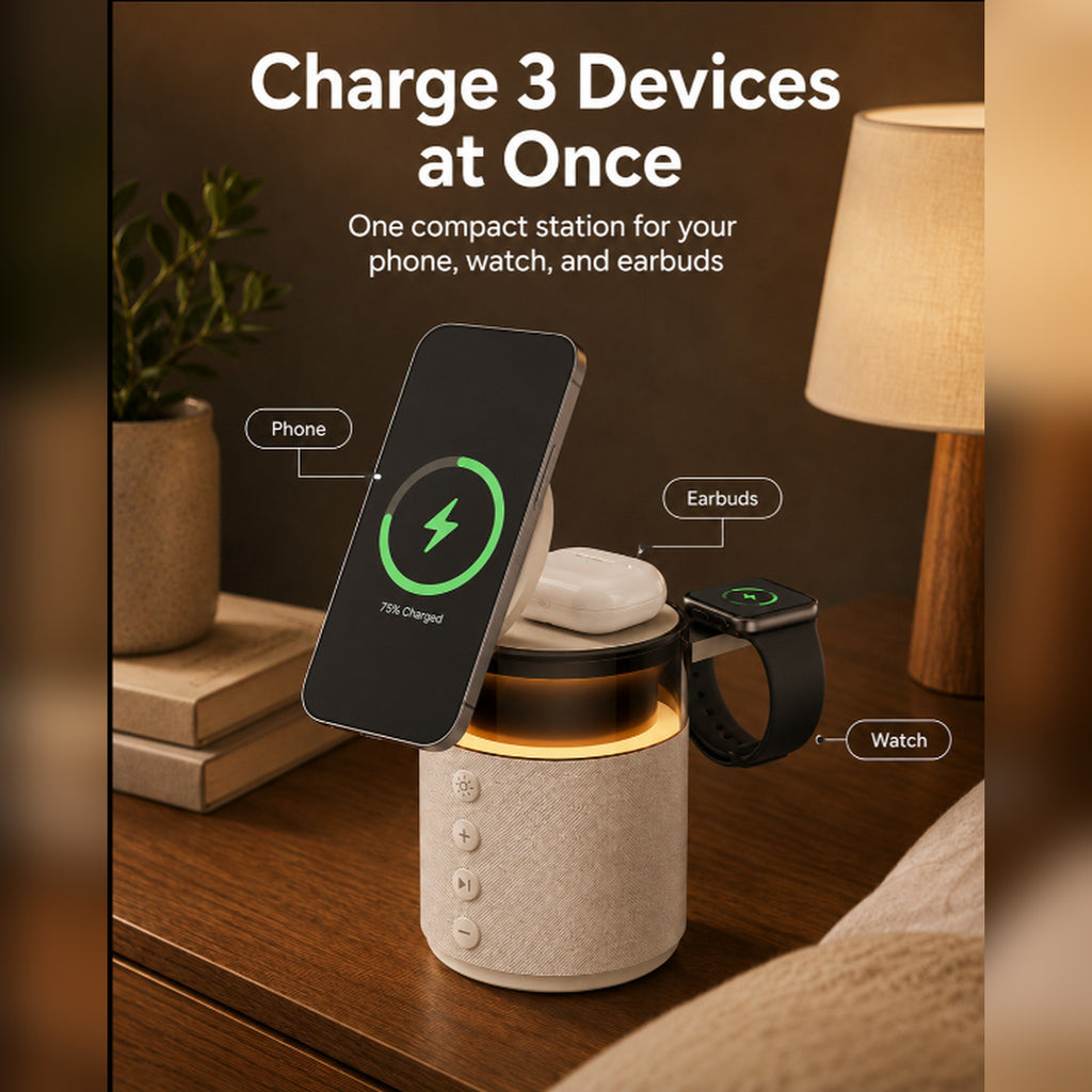 G-OUSSVE 3-in-1 Magnetic Wireless Charging Speaker, Bluetooth Speaker, 15W iPhone Charger, Warm Night Light & Device Stand