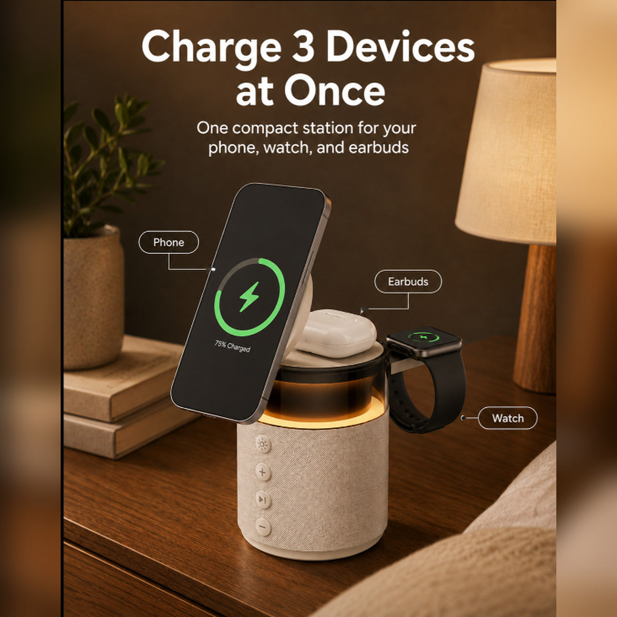 G-OUSSVE 3-in-1 Magnetic Wireless Charging Speaker, Bluetooth Speaker, 15W iPhone Charger, Warm Night Light & Device Stand