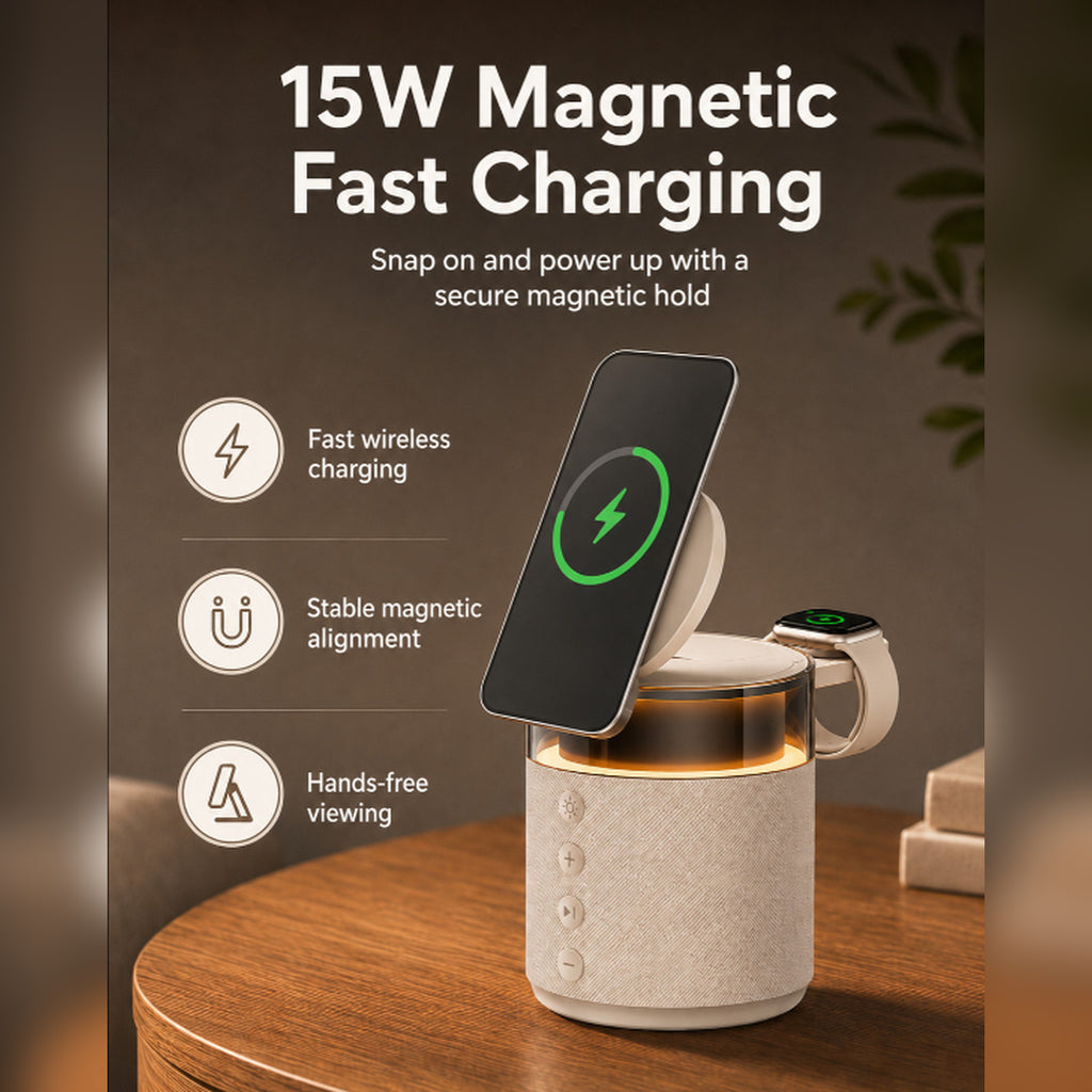 G-OUSSVE 3-in-1 Magnetic Wireless Charging Speaker, Bluetooth Speaker, 15W iPhone Charger, Warm Night Light & Device Stand