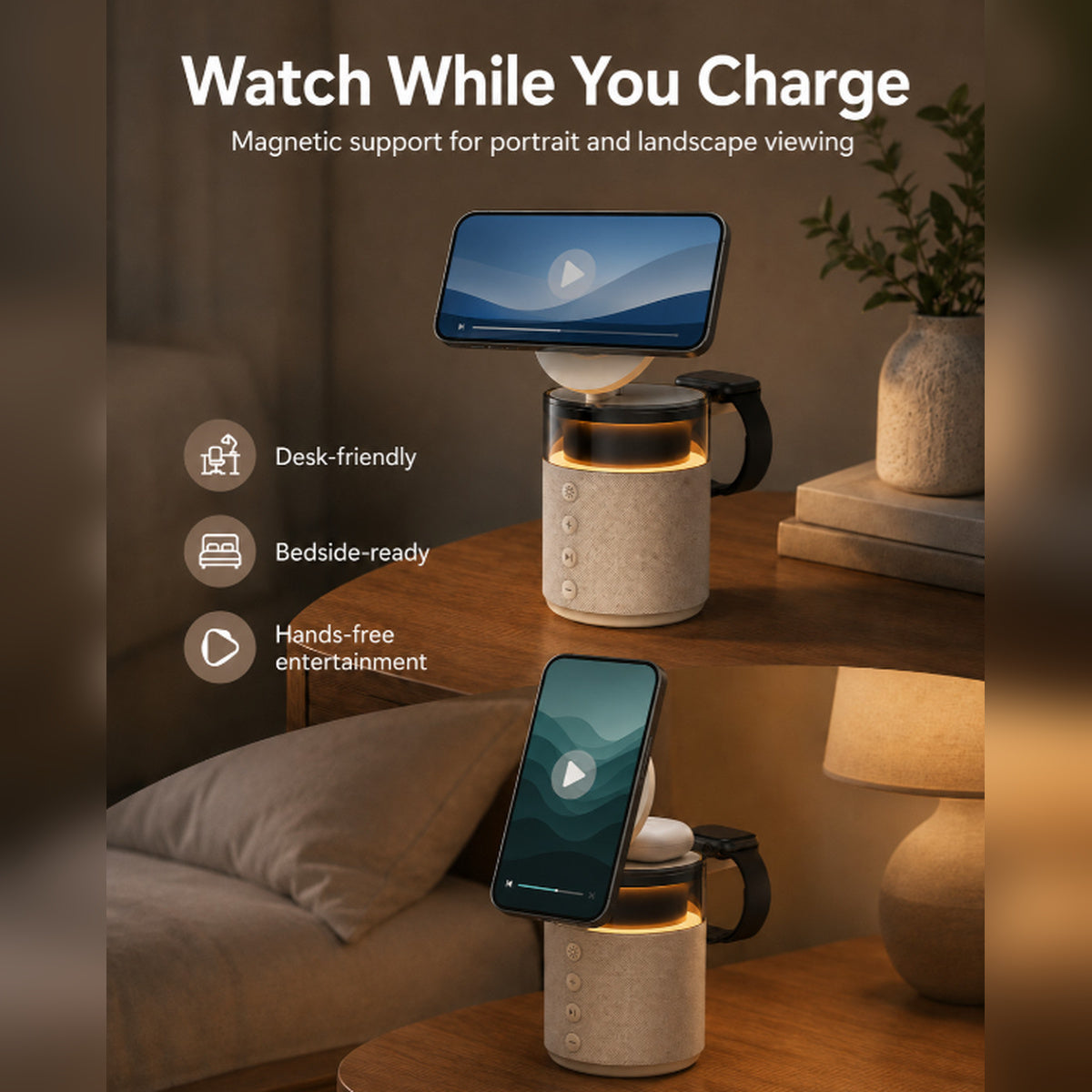 G-OUSSVE 3-in-1 Magnetic Wireless Charging Speaker, Bluetooth Speaker, 15W iPhone Charger, Warm Night Light & Device Stand