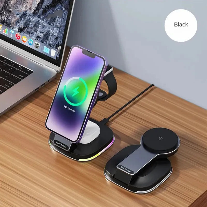 GIVBRO 3 in 1 iPhone Charging Station, MagSafe-Compatible Wireless Charger Stand Foldable Charger for iPhone 15/14, AirPods, Apple Watch