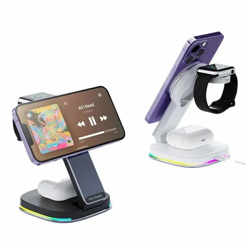 GIVBRO 3 in 1 iPhone Charging Station, MagSafe-Compatible Wireless Charger Stand Foldable Charger for iPhone 15/14, AirPods, Apple Watch