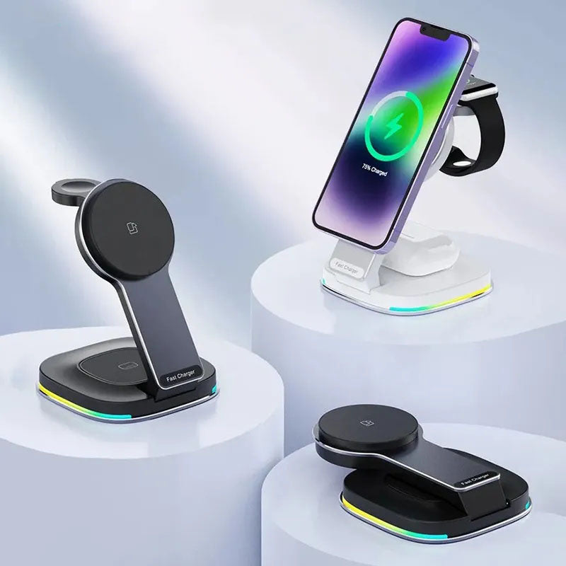 GIVBRO 3 in 1 iPhone Charging Station, MagSafe-Compatible Wireless Charger Stand Foldable Charger for iPhone 15/14, AirPods, Apple Watch