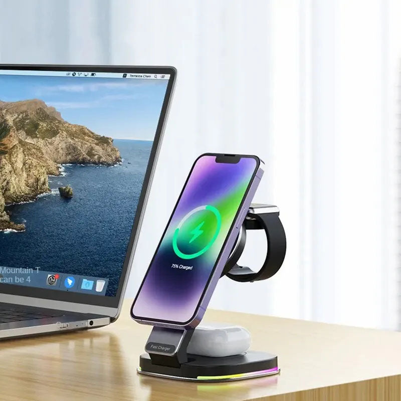 GIVBRO 3 in 1 iPhone Charging Station, MagSafe-Compatible Wireless Charger Stand Foldable Charger for iPhone 15/14, AirPods, Apple Watch