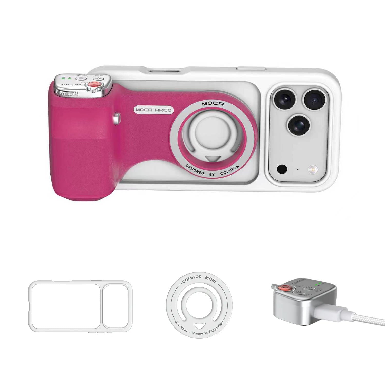 G-OUSSVE Magnetic Handheld Grip Phone Stand Camera Assistant with LED Fill Light, Magnetic Ring and Phone Case, Compatible with iOS 26/iOS 18/iOS 17, Ergonomic Grip, One-Tap Camera, Rechargeable Remote, Ideal for Photography Enthusiasts
